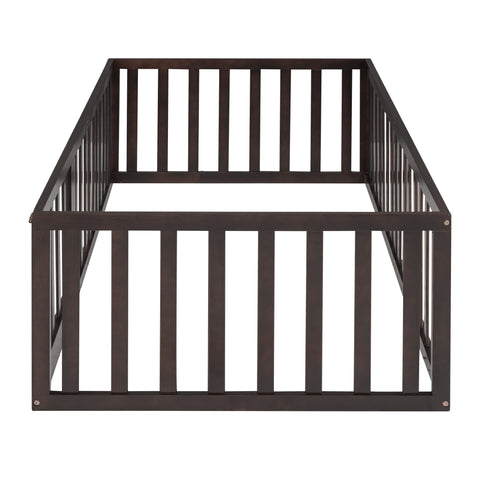Twin Size Floor Bed Frame With Fence And Door - Walnut