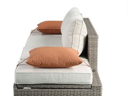 Salena - All Weather Wicker Patio Sofa & Ottoman With 2 Toss Pillows - Beige / Gray