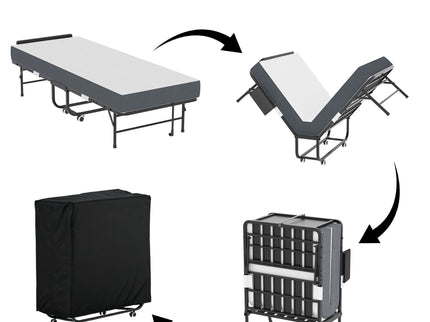 Twin Folding Bed With Adjustable Headboard & Memory Foam, Space Saving Rollaway Guest For Tall People, Portable On Wheels, Easy Assembly - Black