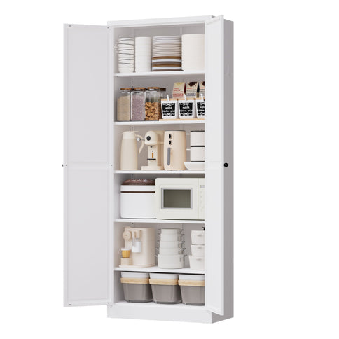 Kitchen Pantry Cabinet With Doors, Heavy-Duty Freestanding Storage Organizer With 5 Adjustable Shelves, Tool Free Assembly - White