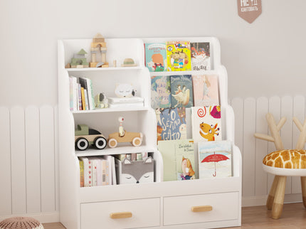 Bookshelf With 2 Storage Drawers, Front Facing Bookcase And Toy Organizer, Multi Tier Reading Shelf - White