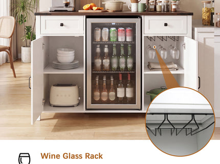 Coffee Bar With Mini Fridge Space & Built In Charging Station, Large Bar Cabinet With Drawers & Adjustable Shelves For Kitchen - White