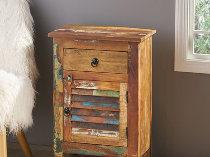 Recycled Wood Side Table With Drawer And Door - Natural