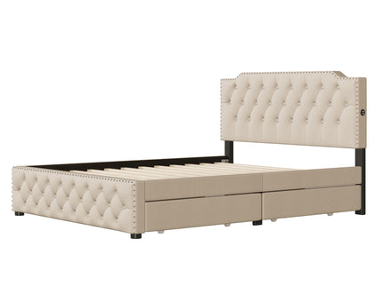 Upholstered Platform Bed With 2 Drawers And 2 Sets Of USB Ports On Each Side, Fabric