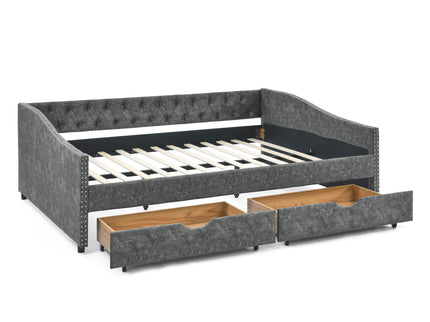 Queen Size Upholstered Daybed With Tufted Back And Nail Trimmed Waved Arms - Gray