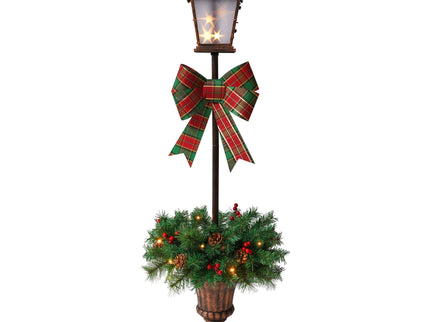 Christmas Lamp Post Decor With Plaid Bow, Artificial Outdoor Holiday Decor (Set of 2) - Brown / Bronze / Green