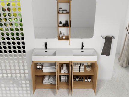 Double Sink Bathroom Vanity Set With Tall Linen Cabinet, Extra Large Storage, Integrated Sink, Freestanding Cabinet - Light Oak / White