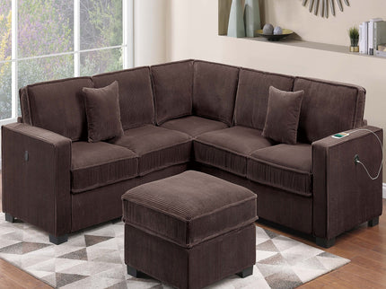 4 Piece Sectional Set With USB Ports, Left Arm Facing / Right Arm Facing Loveseat, Corner Wedge, Cocktail Ottoman, 2 Pillows - Chocolate