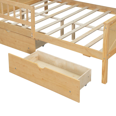House Style Platform Bed With LED Lights, Storage Shelves, Drawers, And Guardrail