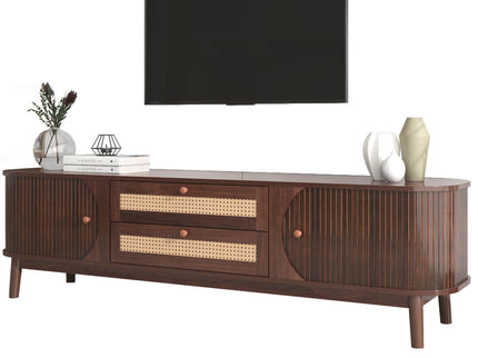 TV Stand For TVs Up To 75'', Cabinet With Drawers And Sliding Doors, Living Room Entertainment Console - Natural Wood / Brown