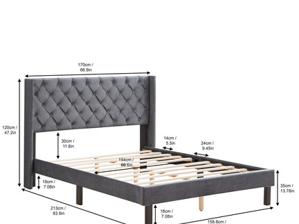 Velvet Button Tufted-Upholstered Bed With Wings Design Strong Wood Slat Support Queen Platform Bed - Gray
