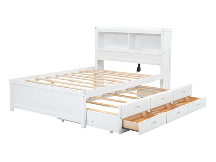 Full Size Platform Bed With Trundle, Drawers, USB Ports And Built In Shelves - White
