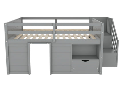 Low Loft Bed Frame With Built In Stairs, Storage Drawer, Shelf And 7 Color LED Light