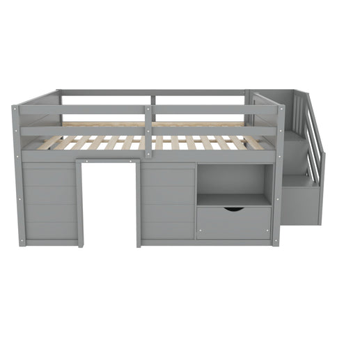 Low Loft Bed Frame With Built In Stairs, Storage Drawer, Shelf And 7 Color LED Light