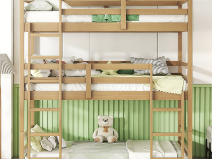 Twin Over Twin Over Twin Triple Bunk Bed With 2 Built In Ladders, Guardrails - Natural