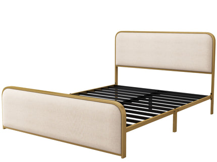 Queen Size Bed Frame With Curved Upholstered Headboard And Footboard - Beige / Gold