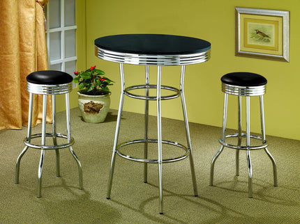 3 Piece Round 1950S Bistro Pub Bar Table Set - Black