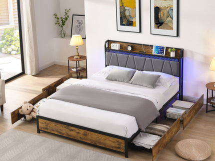 Contemporary Bed Frame With Storage Headboard, Charging Station, LED Lights