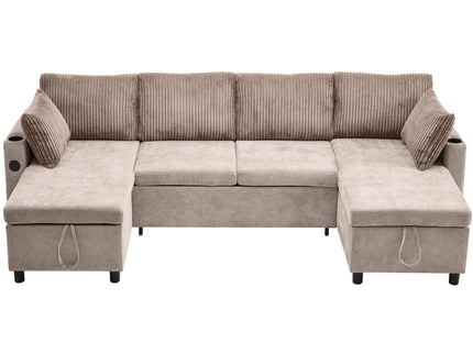 Sectional Sofa Bed With Pull Out Sleeper, USB Ports, Cup Holders