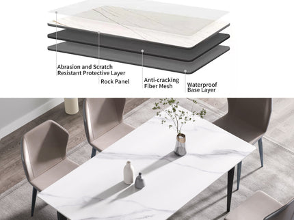 63" Modern Artificial Stone White Straight Edge Black Metal Leg Dining Table, 6 People - White / Black
