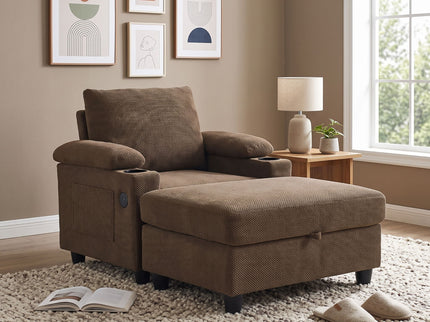 Accent Chair With Storage Ottoman, Reclining Single Chaise Lounge With Cupholders And USB, C Ports