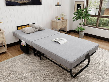 Twin Folding Bed With Headboard & USB Charging Station - Gray