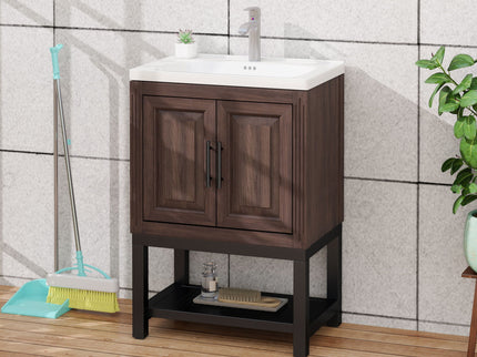 Modern Freestanding Bathroom Vanity With Ceramic Sink, Hot And Cold Faucet, Storage Cabinet & Open Shelf