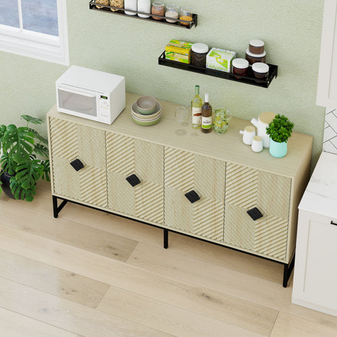 Carved 4 Door Sideboard With Storage, Adjustable Shelf