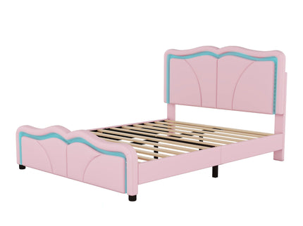 Upholstered Platform Bed & Curve Shaped And Height Adjustable Headboard, LED Light Strips