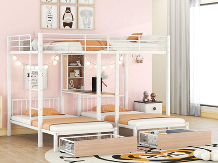 Triple Bunk Bed With Drawers, Multi-Functional Frame With Desks And Shelves In The Middle