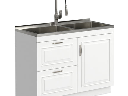 Darwin - Laundry Utility Sink And Cabinet With Dual Sinks, Pull Out Faucet - White