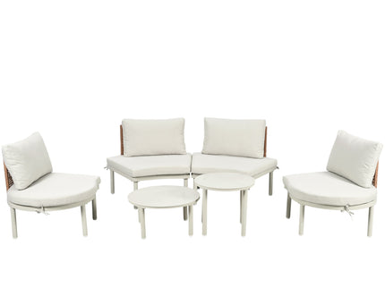 6 Piece Patio Set, Half Moon Outdoor Sectional Sofa With 2 High Low Coffee Tables, 4 Pillows & Cushions