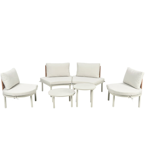 6 Piece Patio Set, Half Moon Outdoor Sectional Sofa With 2 High Low Coffee Tables, 4 Pillows & Cushions