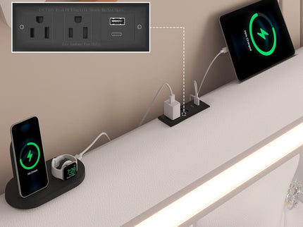 Wingback Upholstered Bed Frame With LED Lights, Charging Station