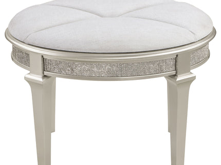 Colwood - Upholstered Oval Vanity Stool With Glitter Trim Seat - Silver Gray