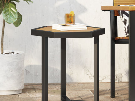 Outdoor Side Table With Iron Base And Slatted Top - Brown