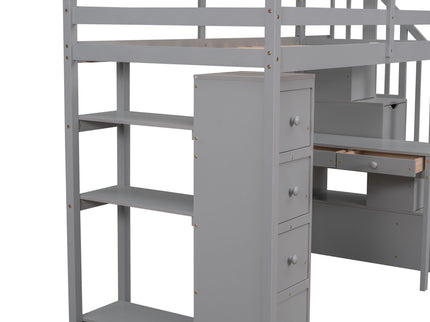 Loft Bed With Storage Drawers, Desk And Stairs With Shelves