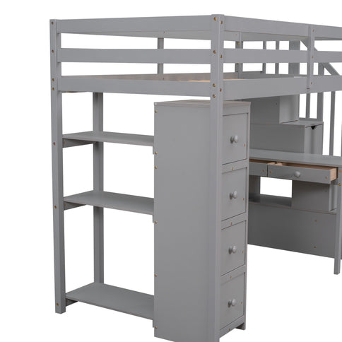Loft Bed With Storage Drawers, Desk And Stairs With Shelves