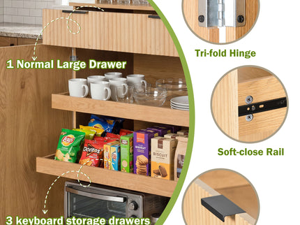 Fluted Kitchen Pantry Cabinet With 3 Keyboard Drawers & 6 Door Shelves Adjustable