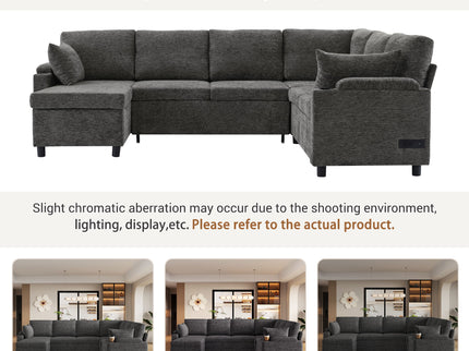 U-Shaped Sectional Sleeper Sofa With Ample Storage Space, 2 Cup Holders And Charging Ports For Living Room