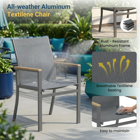 Gray Aluminum Patio Dining Set With Textilene Chairs, 5 Piece All Weather Round Table And 4 Seater For Garden, Deck, Or Porch