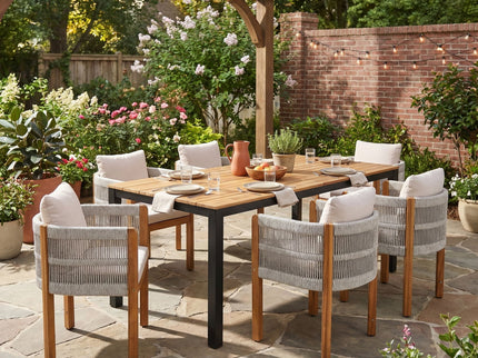 7 Piece Outdoor Dining Set With Table And 6 Chairs - Beige / Teak / White