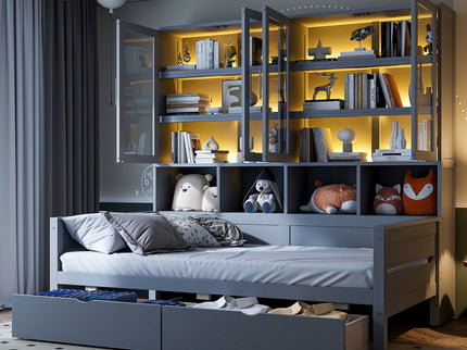 Daybed With Glass Door Storage Cabinets, Built In LED Lighting And Shelves