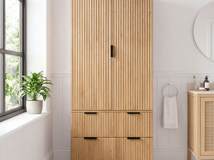 Fluted Kitchen Pantry Cabinet With 2 Large Drawers & 8 Door Spice Rack Freestanding Storage Organizer - Oak