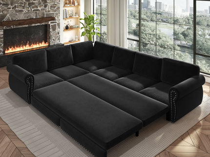 L-Shaped Sofa Couch With Pull Out Bed With Nailhead Trim & Rolled Arm