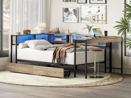 Corner Bed Frame Twin Size With Bookcase And 2 Underbed Storage Drawers, Modern Twin Bed With LED Light And Charging Station, Modern Daybed Reversible Left Or Right - Gray