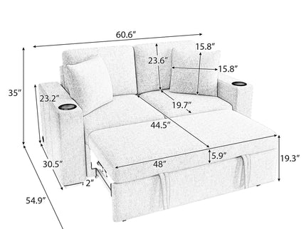Modern 2 Seater Loveseat Sofa With Pull-Out Bed, Fabric, Built-In USB Ports & Cup Holders