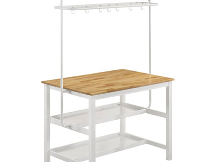 Prager - 3 Piece Kitchen Island Counter Table Set With Overhead Rack And Backless Stools - White