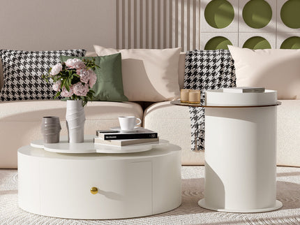 Modern Round Coffee Table (Set of 2), 360 Degree Rotatable Flower Shaped Top With 2 Drawers, Top Circle Side Table End Table With Glass For Living Room - Off White