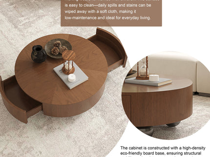 Drum Shaped Coffee Table With Hidden Storage Drawer, Low Profile For Living Room - Walnut